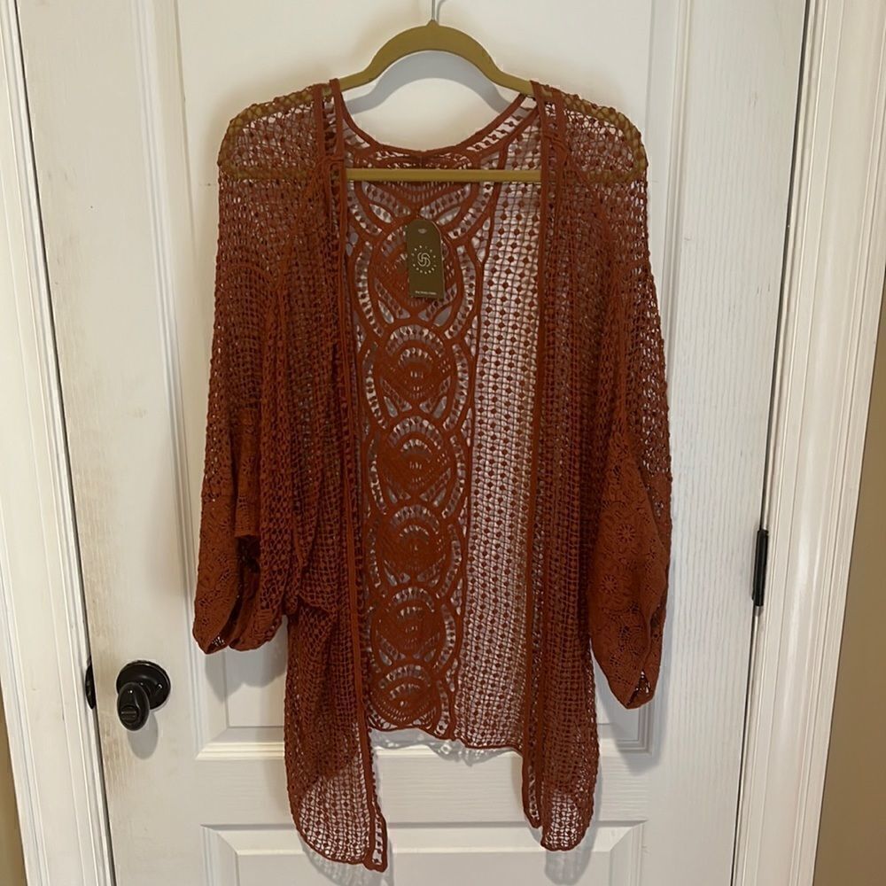 New Janice Apparel Rust Orange Crochet Style Cardigan
